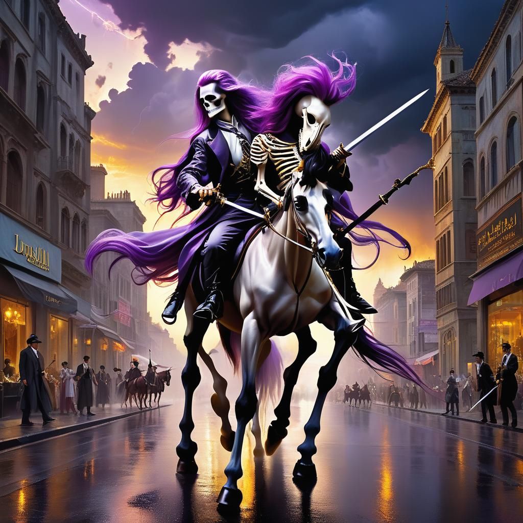 Skeleton Knight's Surreal City Attack: Dali-esque Art