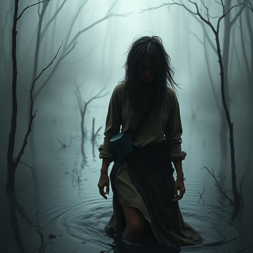 Mysterious Woman in Misty Dystopian Swamp