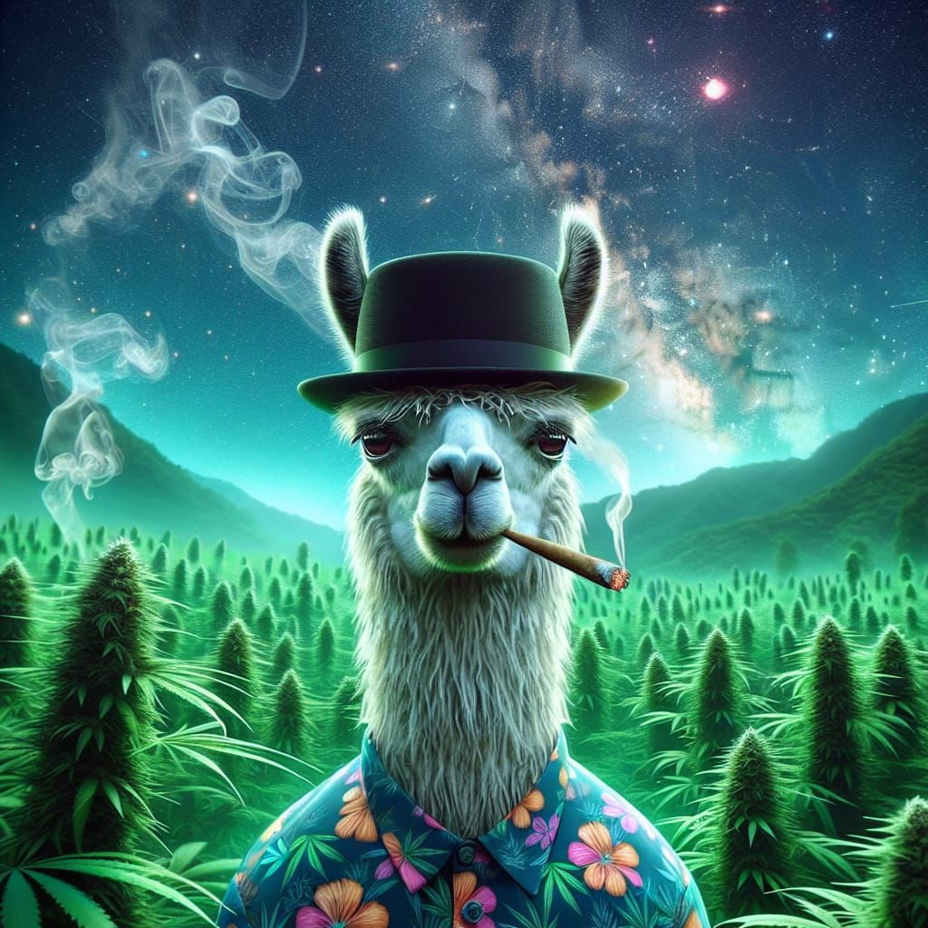Humorous Llama Smokes Blunt Under Starry Sky