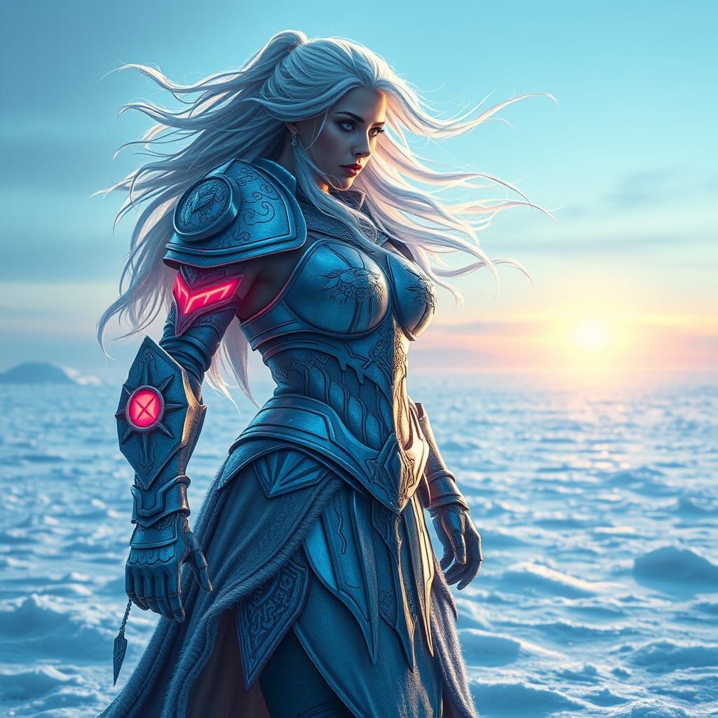 Cyberpunk Fantasy Valkyrie in Frosty Armor