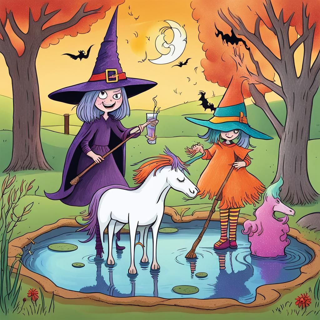 Whimsical Children's Drawing: Witches at the Pond