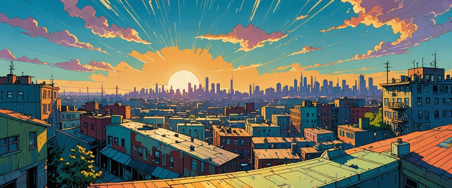 Industrial Cityscape in Comic Book Gouache Style