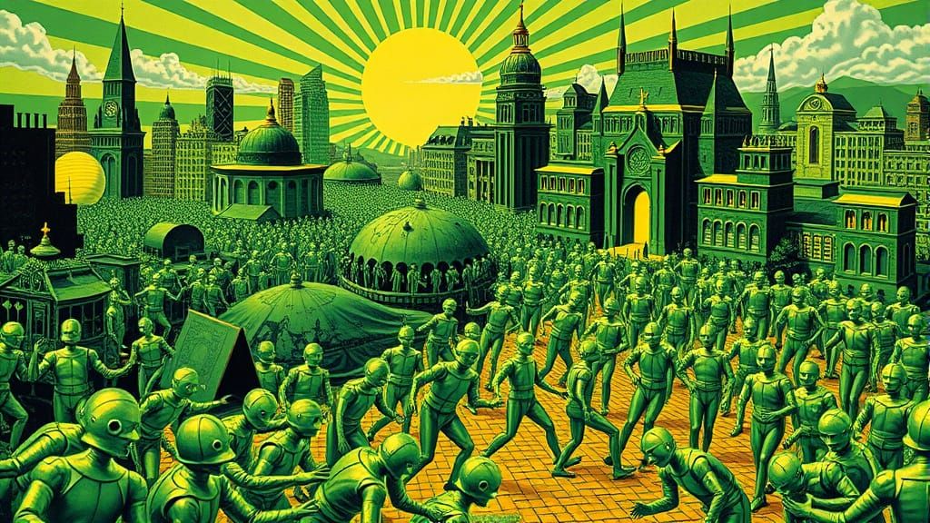 Surreal Emerald City Under Siege by Tin Men in Psychedelic A...