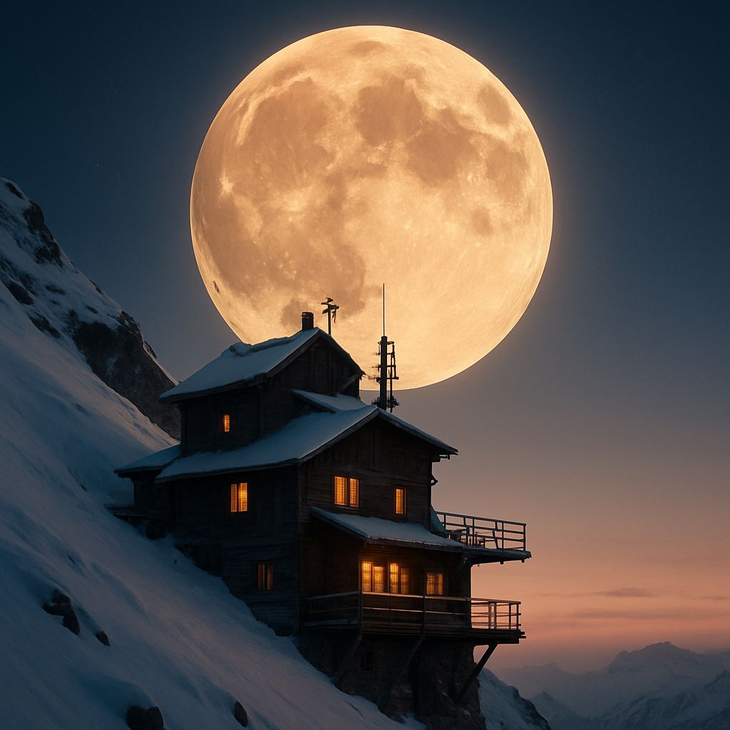 Snowy Mountain Cabin Under Giant Moon in Dramatic Photo