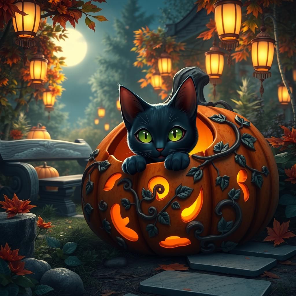 Black Cat Peeking from Pumpkin, 3D Anime Style