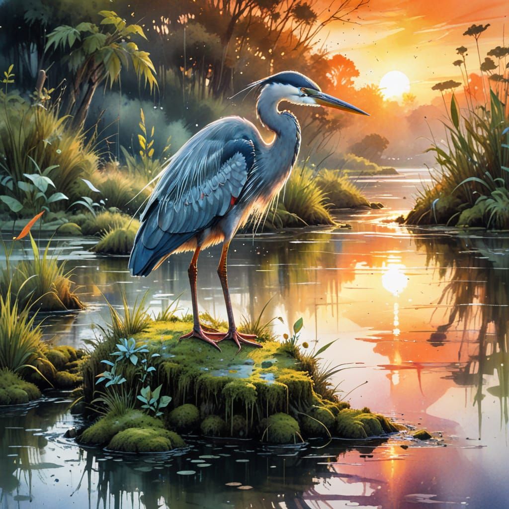 Dreamlike River Delta at Sunset with Heron, Watercolour Styl...