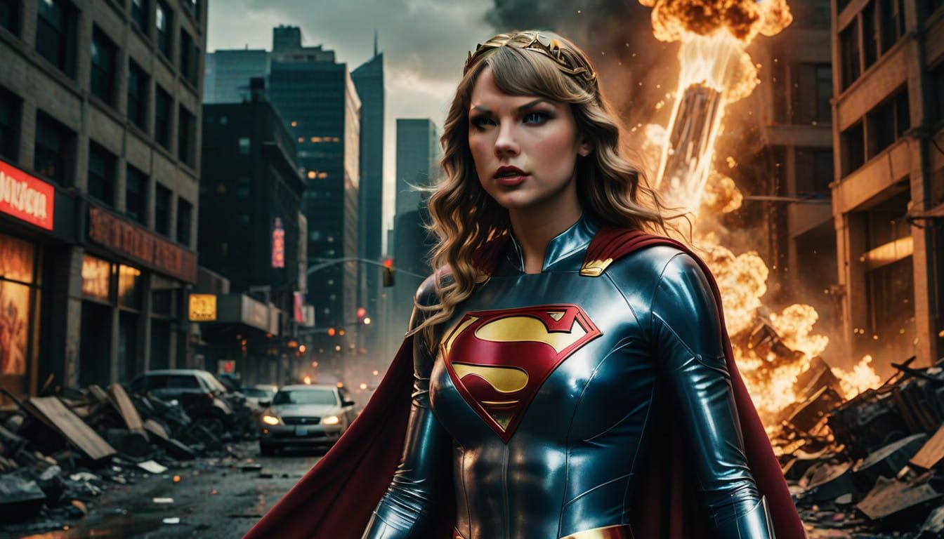 Stunning Superheroine Taylor Swift in Regal Silver Latex