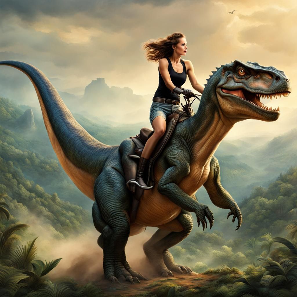 Woman Rides a Dinosaur in Jungle