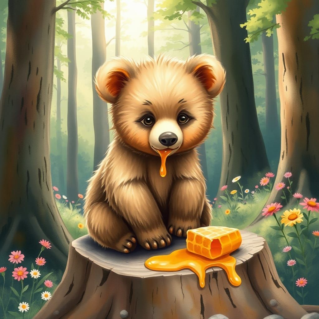 Whimsical Bear Cub Enjoys Honeycomb in Forest