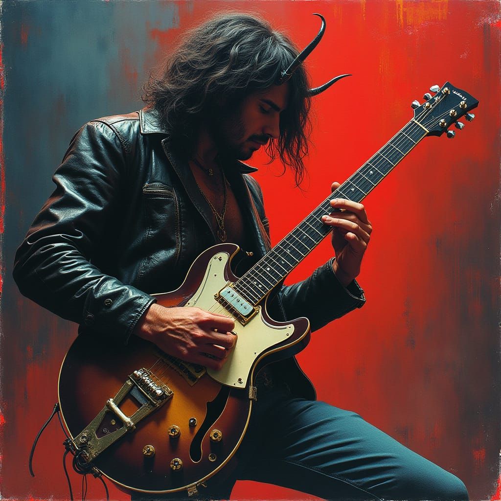 Sleek 1970s Rockstar Jamming with the Devil in Bold, Abstrac...