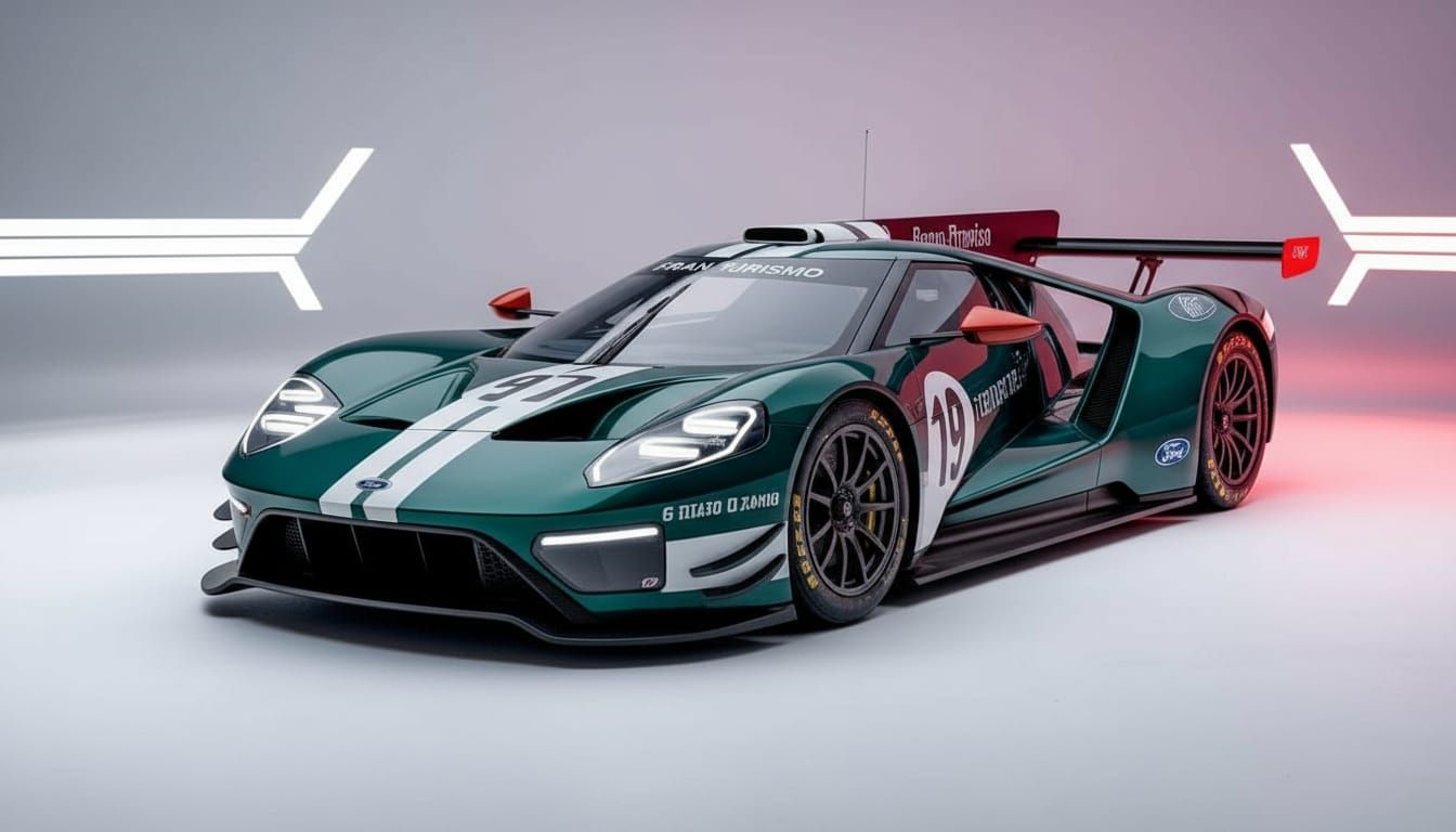 British Green Ford GT Race Car in Futuristic Style