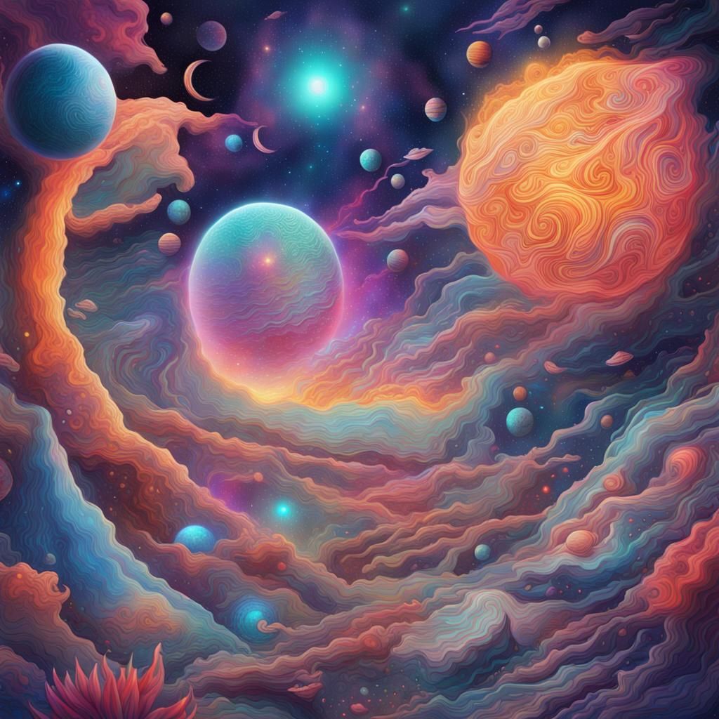 Cosmic Space Scene in Mixed Media Style