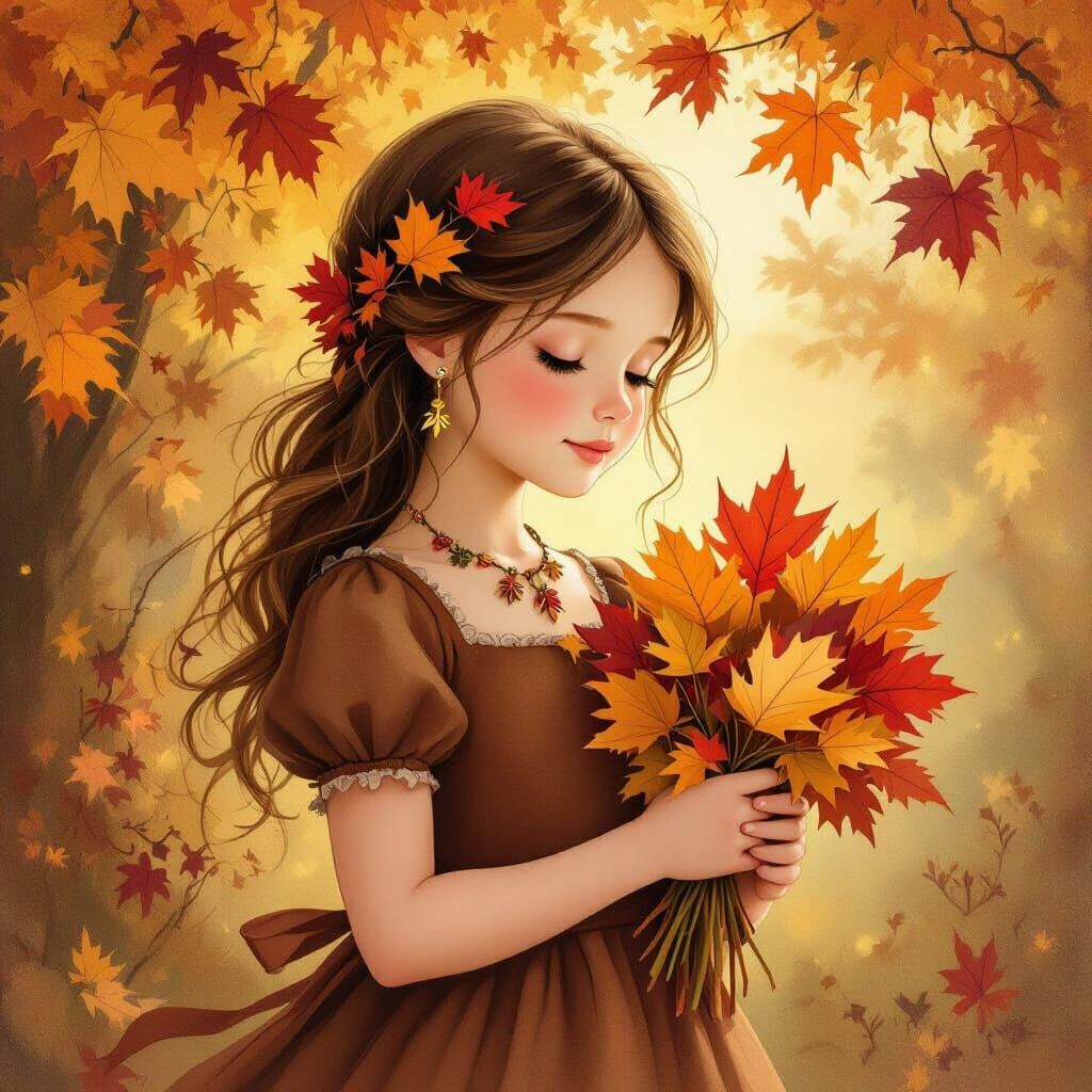 Young Girl With Autumn Leaves In Storybook Style