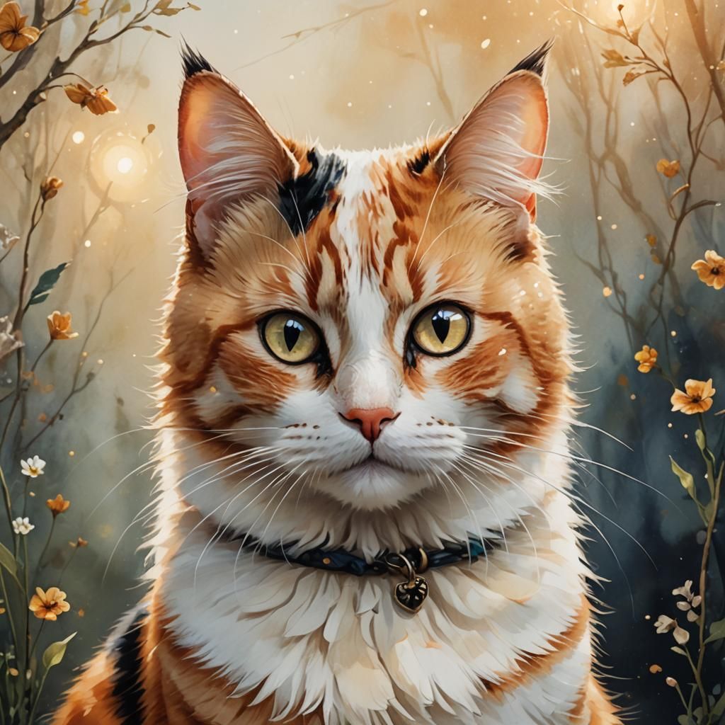 Cute Calico Cat Portrait in Whimsical Style