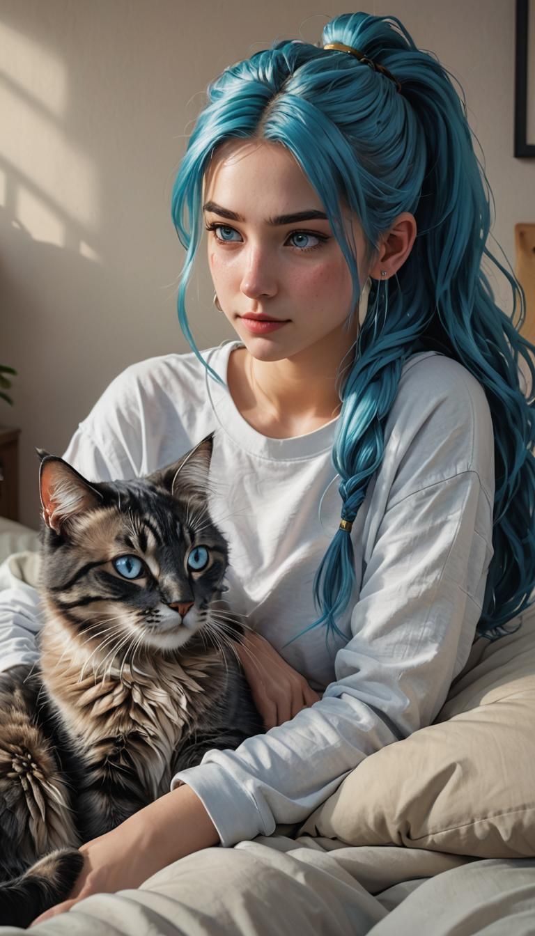 Teenage Girl with Maine Coon Cat in Hyperrealistic Style