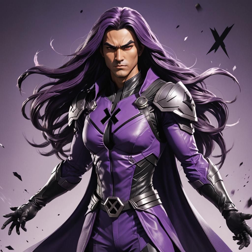 Heroic Character with Purple Costume and Flowing Hair