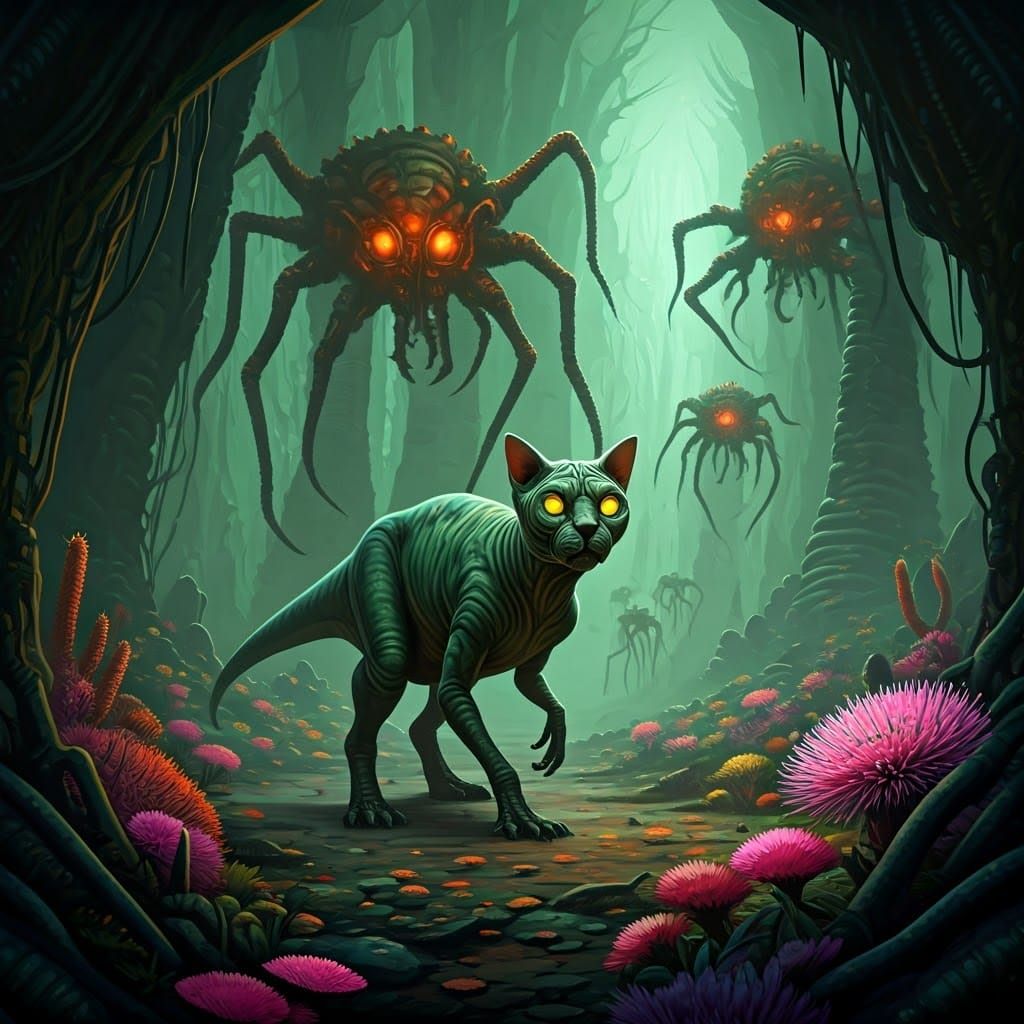 Dinosauroid in Alien Landscape, in Sci-Fi Surrealism Style