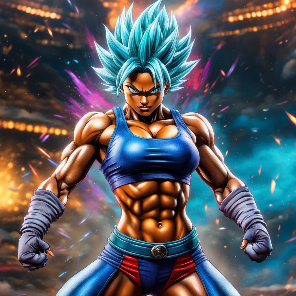 Muscular Saiyan Woman in Colorful Tournament Arena