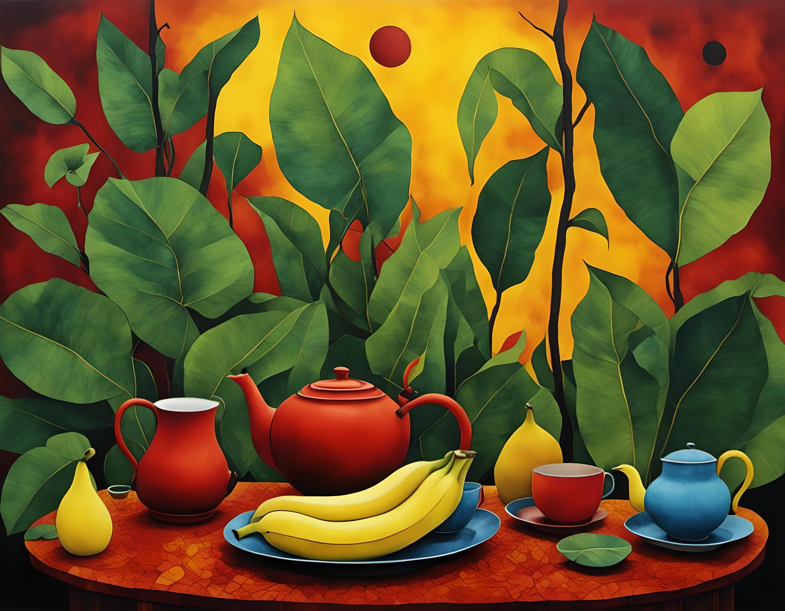 Tropical Still Life Triptych in Woodcut Style