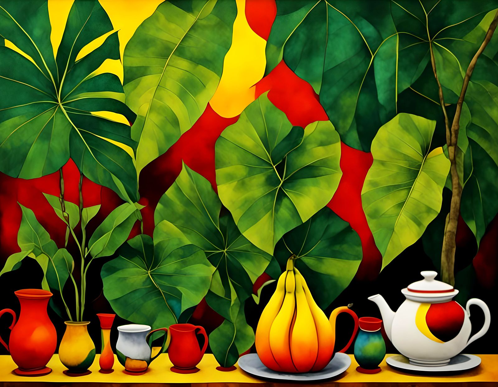 Indonesian Triptych with Teapot in Woodcut Print