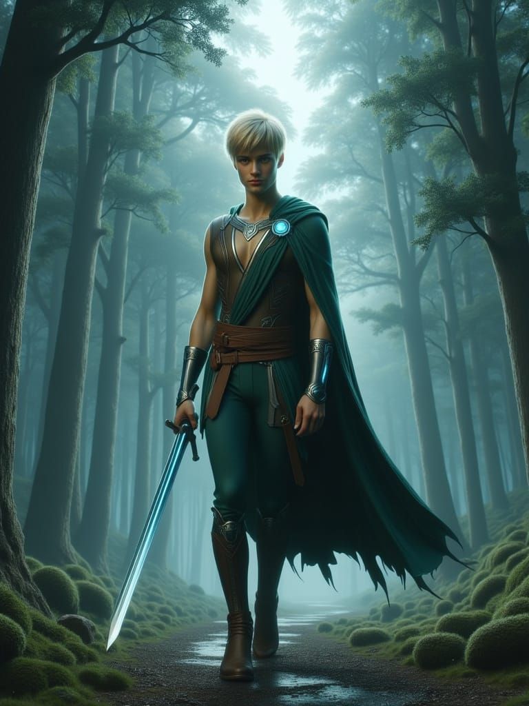 Young mature light haired male fantasy style ranger in tree ...