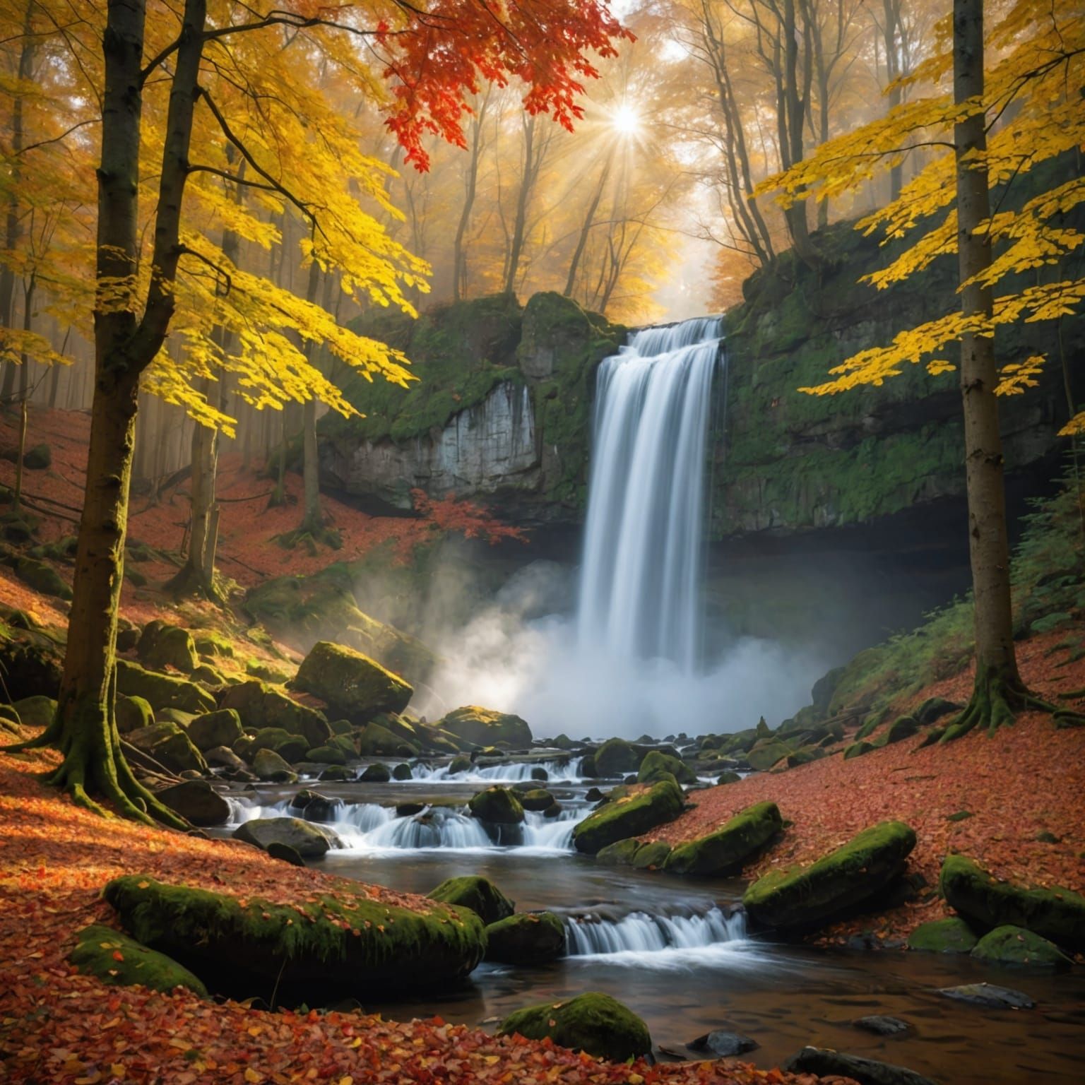 Autumn Forest with Waterfall and Sunlight