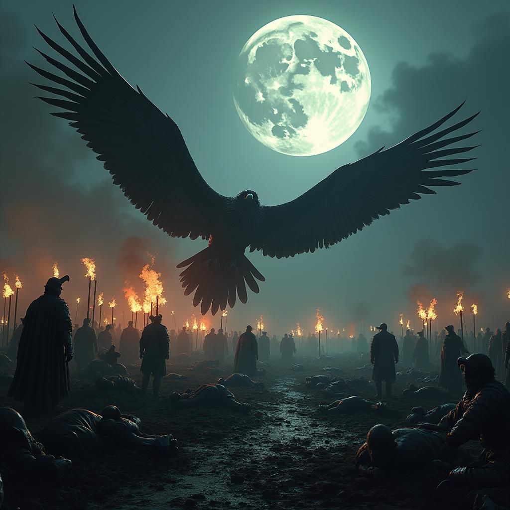 Vultures Feast on Battlefield Carnage in Dark Fantasy