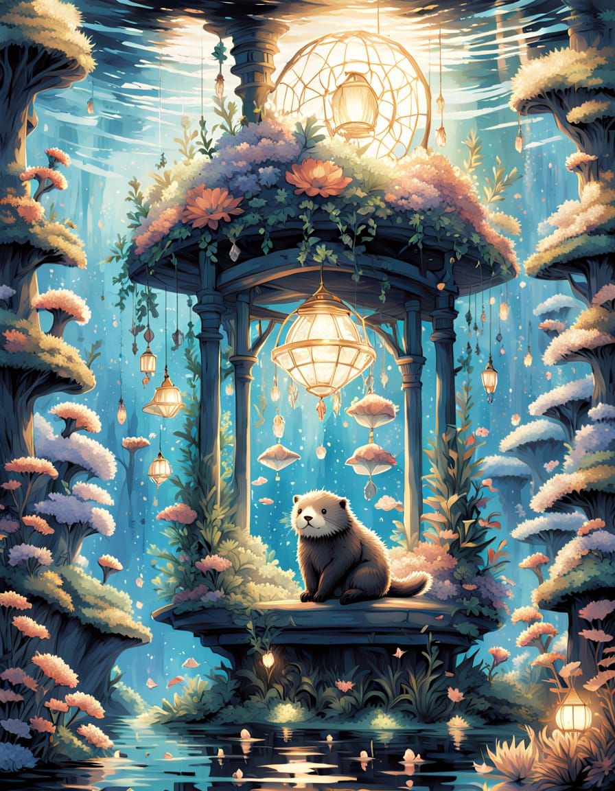 Playful Sea Otter in Bioluminescent Kelp Forest