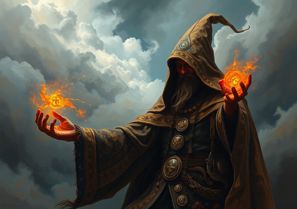 Mystical Witch Doctor's Impasto Spell Under Stormy Skies