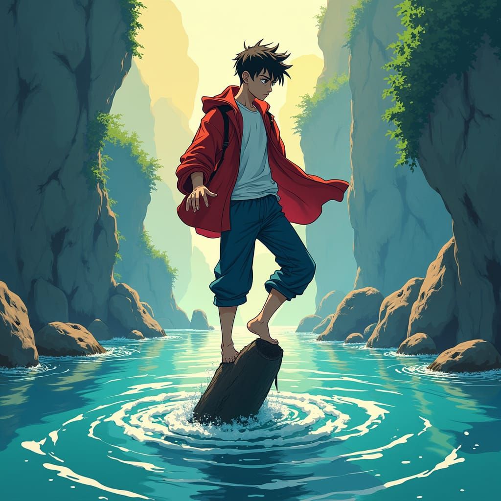 Dynamic Manga Man Balances on Water Stick