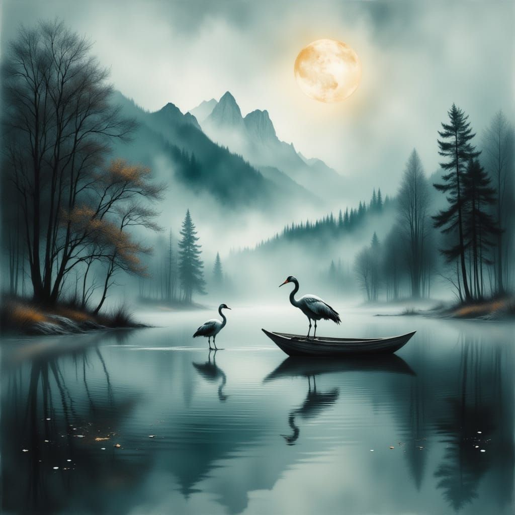 Cranes in Mysterious Lake Mist