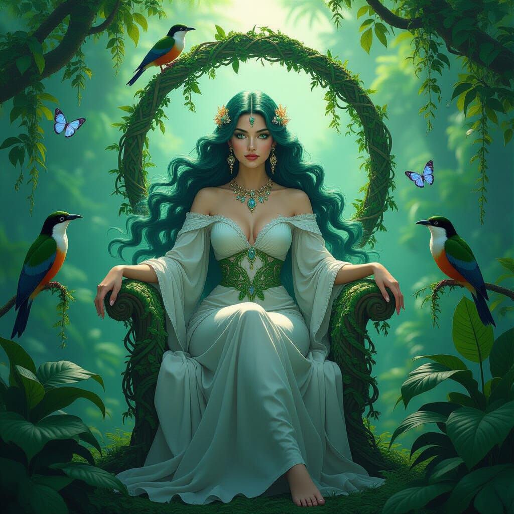 Emerald Goddess on Jungle Throne, Dreamlike Art Nouveau