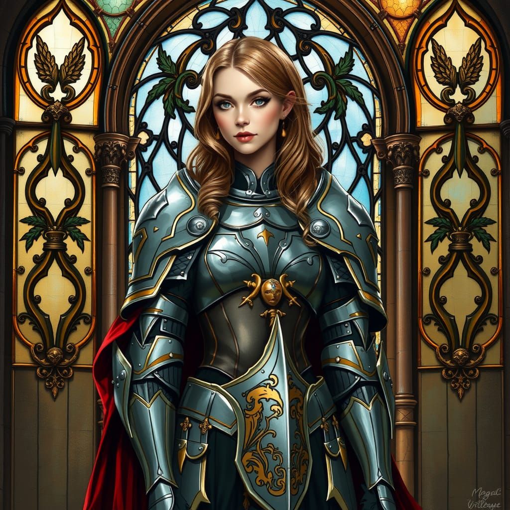 Armored Woman in Stained Glass Window, Fantasy Art