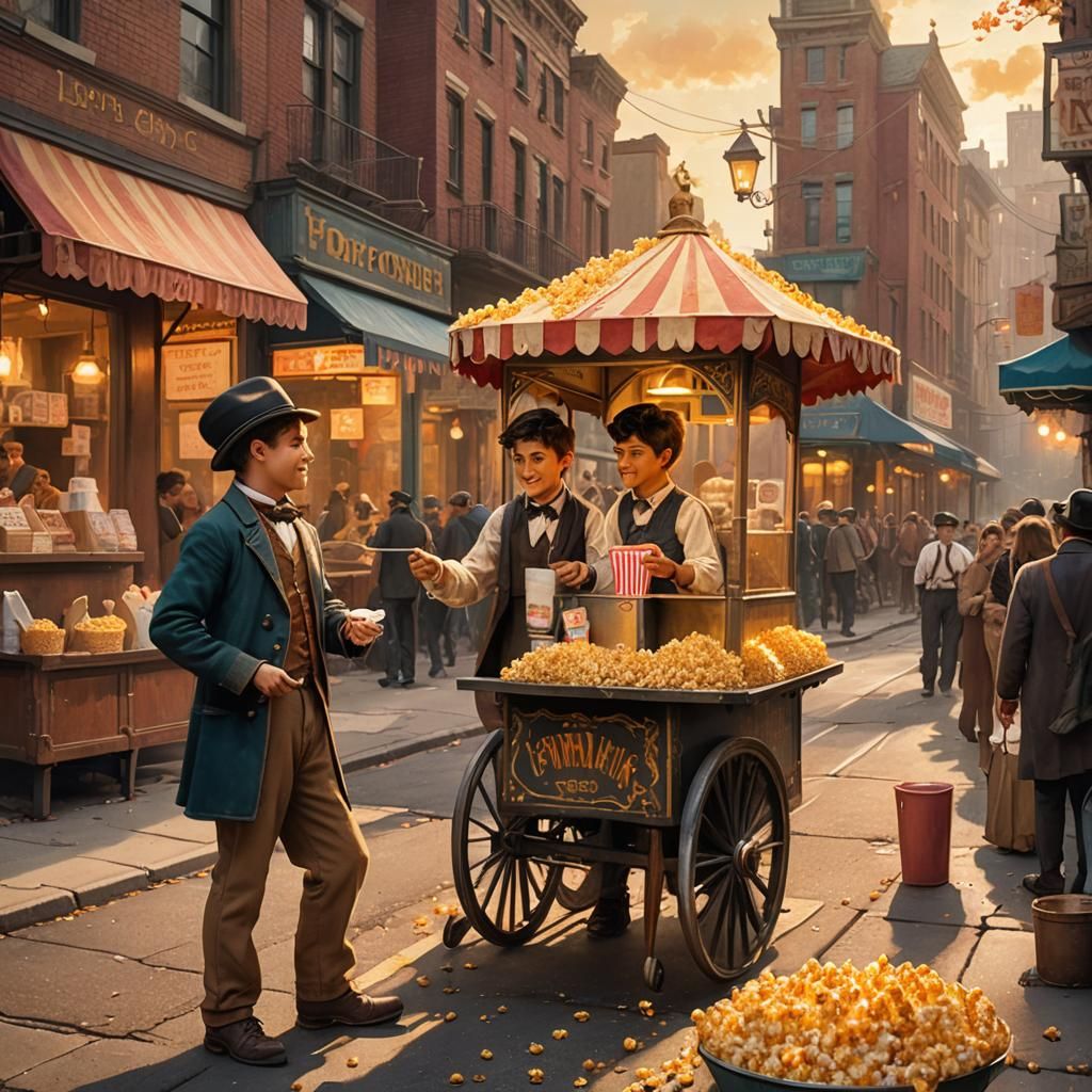 Popcorn Vendor on American Street, Whimsical Matte Painting