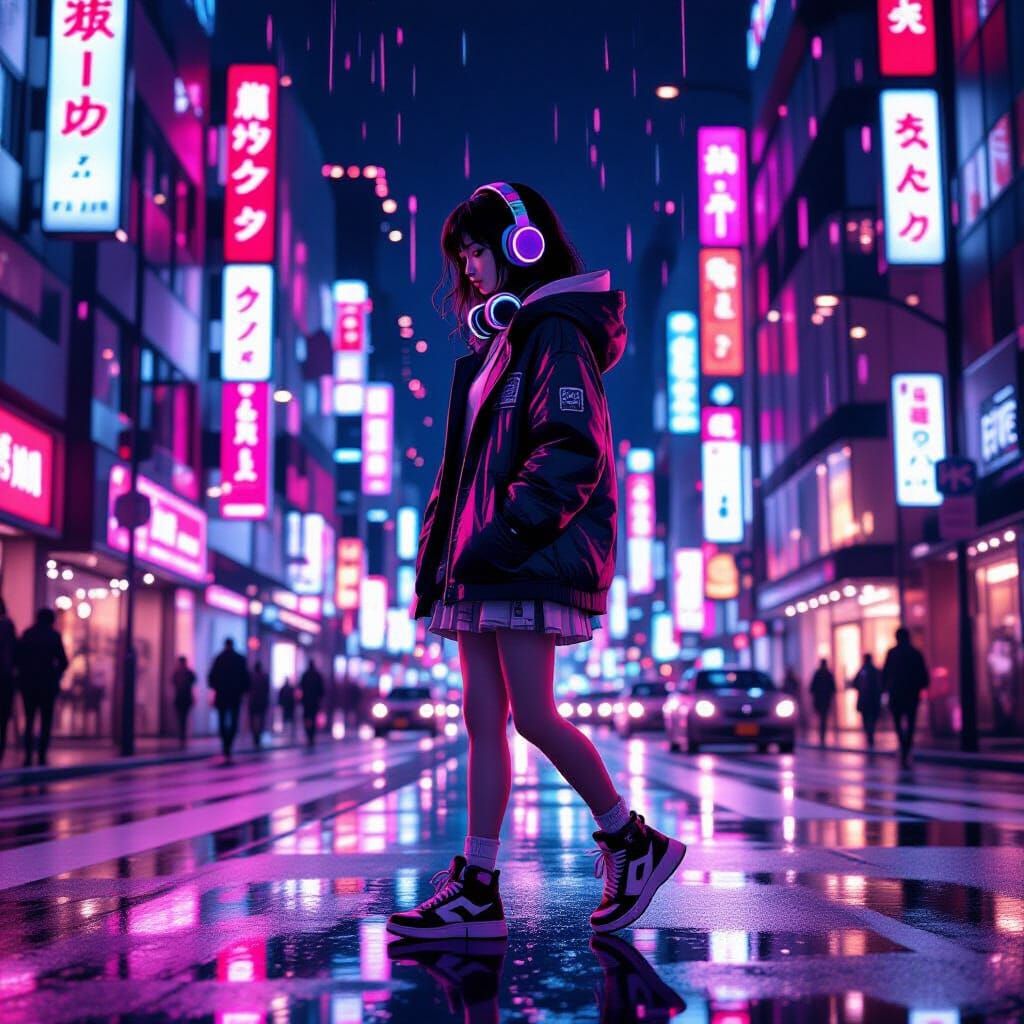 Tokyo Night Scene in Cyberpunk Urban Noir Style