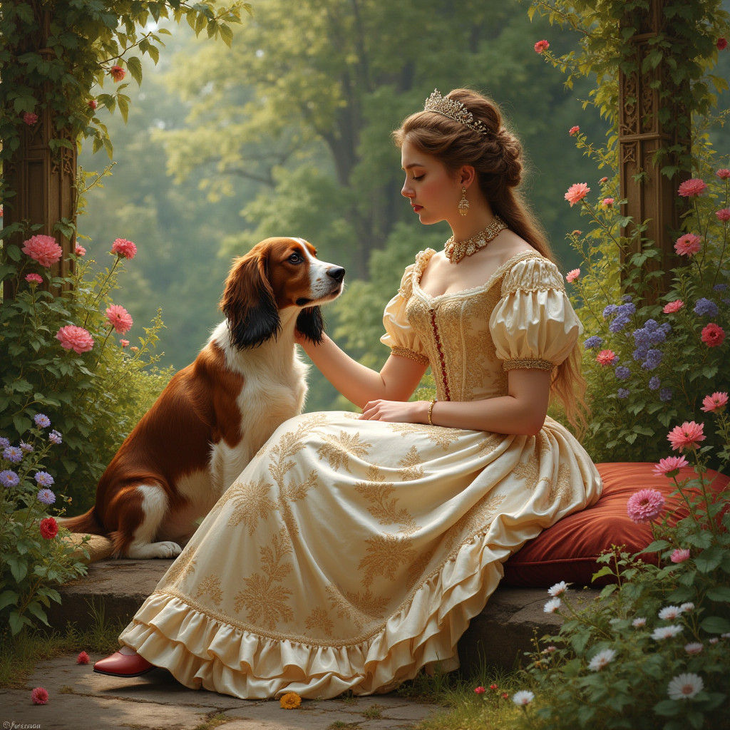 Queen Victoria with Spaniel, in Pre-Raphaelite Style