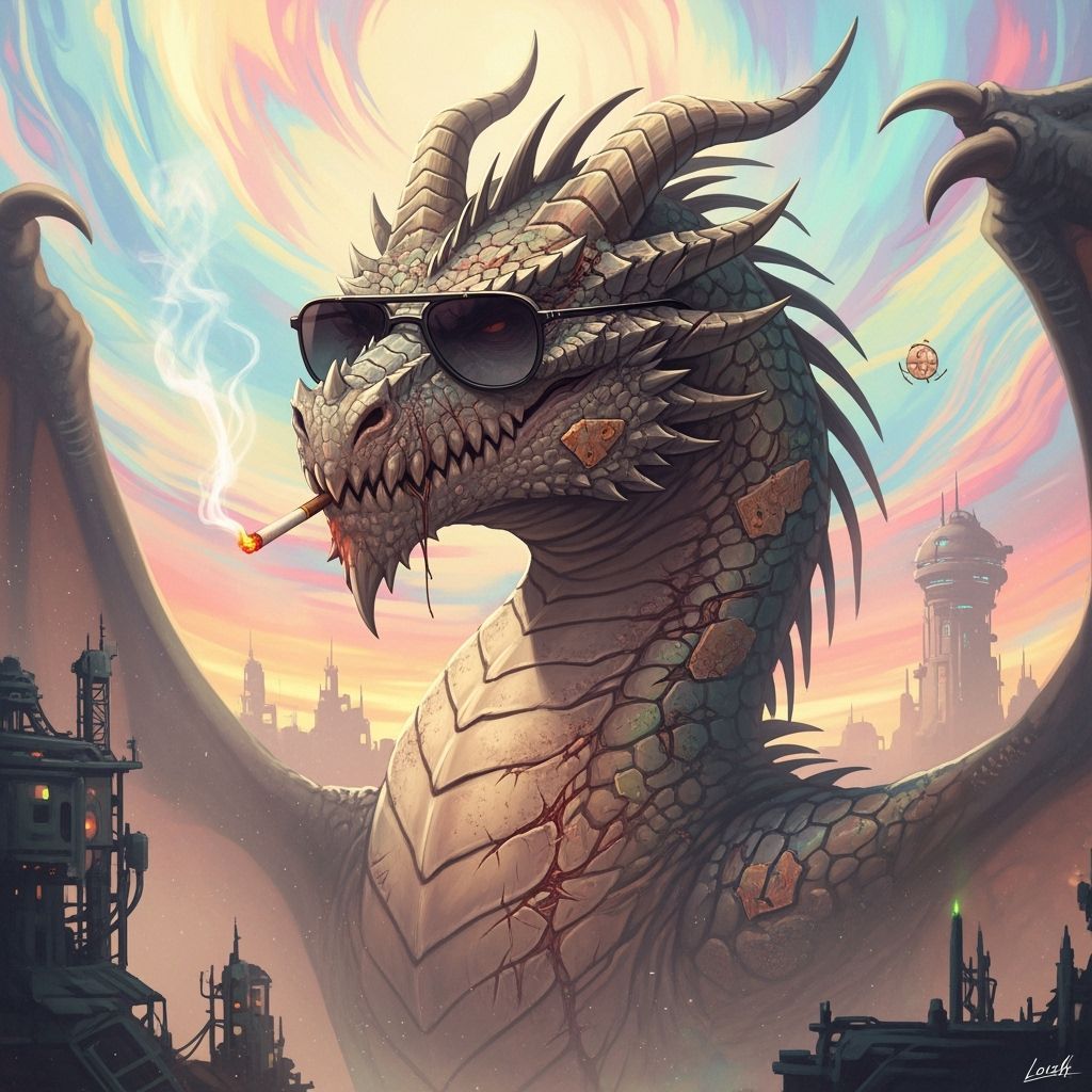 Giant Dragon Smokes in Psychedelic Sci-Fi Style
