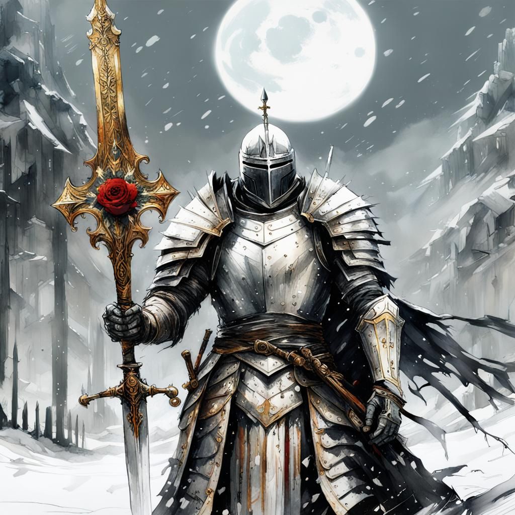 Gothic Knight with Enchanted Sword on Christmas Eve