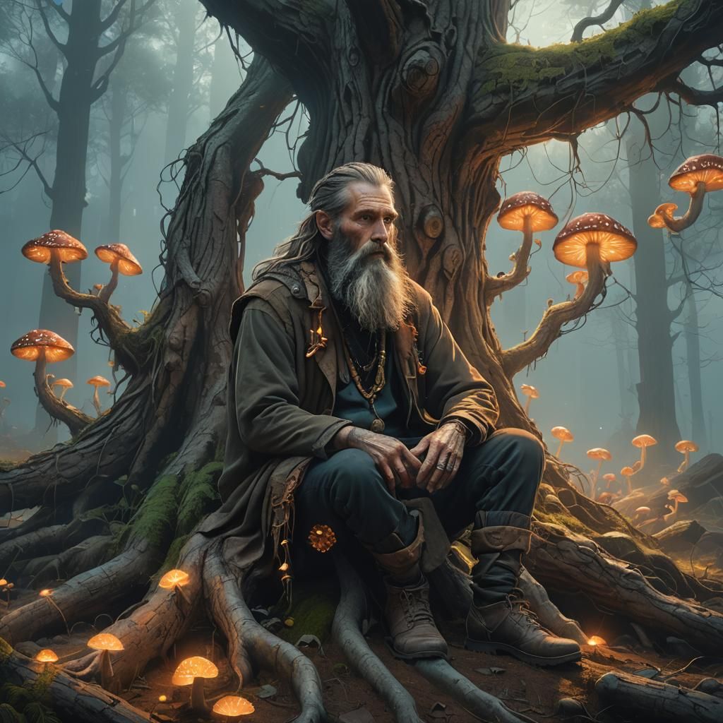 Mystical Bearded Man in Ethereal Mushroom Forest