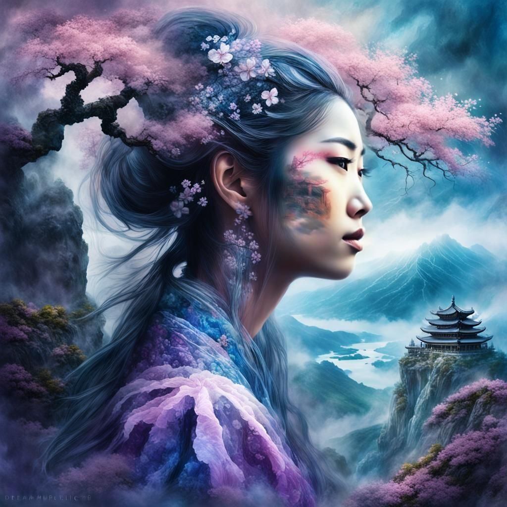 Sakura Sunset Goddess: Psychedelic Double Exposure