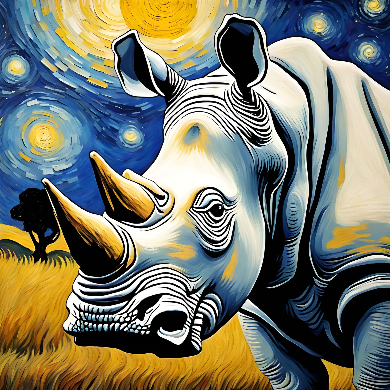 White Rhino in Starry Night, Post-Impressionist Style