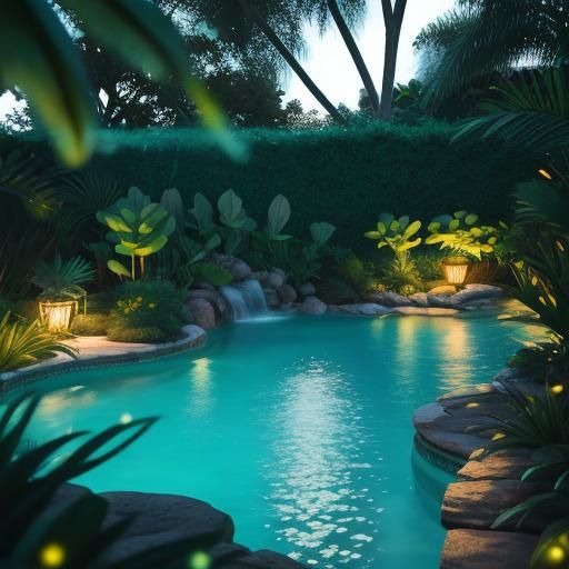 Lush Aquamarine Pool with Bokeh Lights