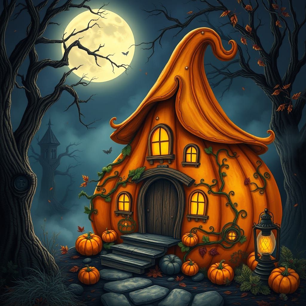 Whimsical Pumpkin House in Enchanted Forest Twilight