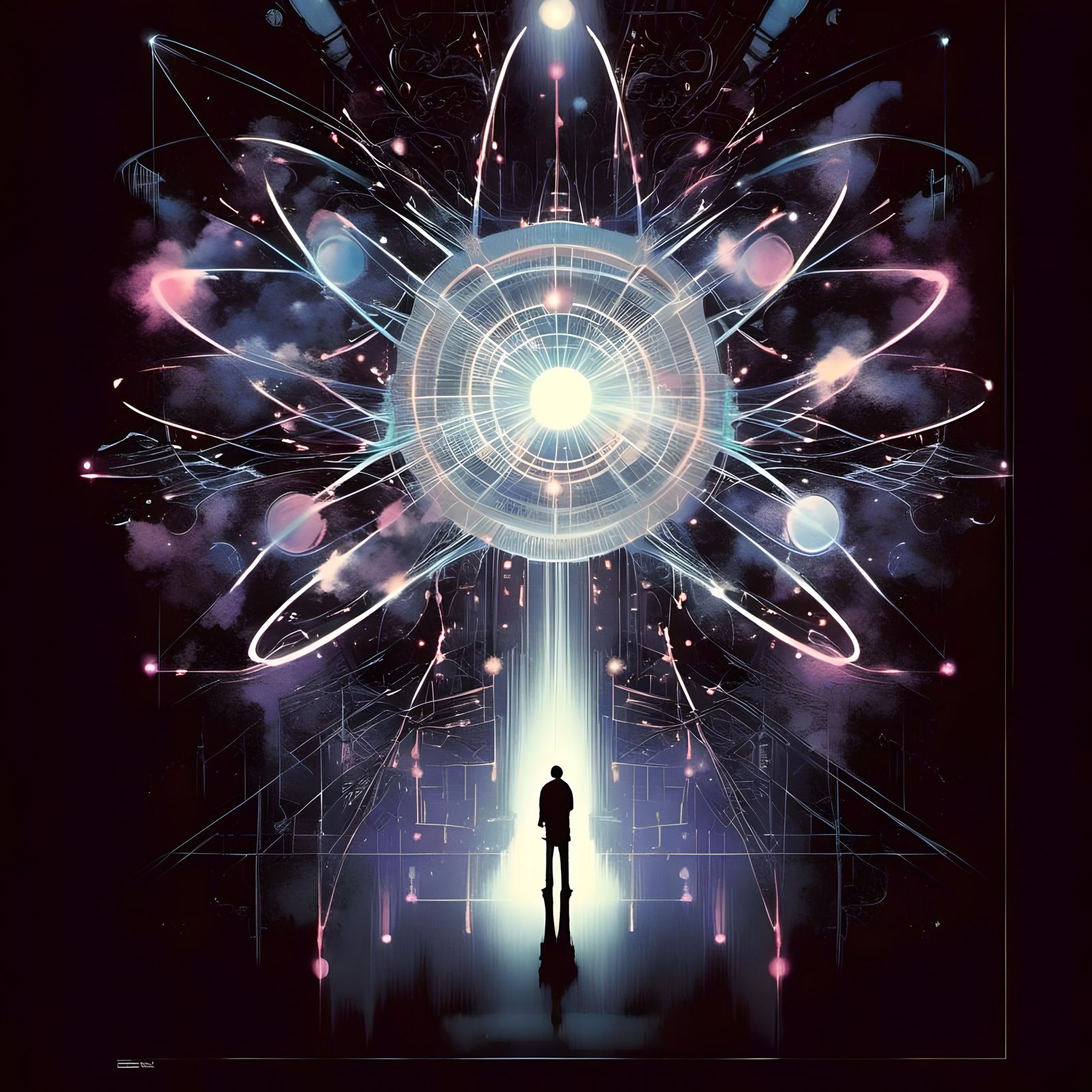 Bohr Atom Silhouette in Neon Synthwave Style