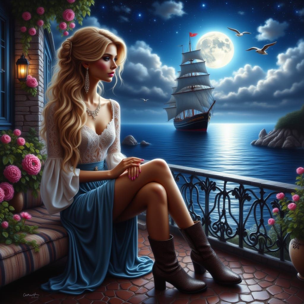 Elegant Woman on Terrace Overlooking Moonlit Sea