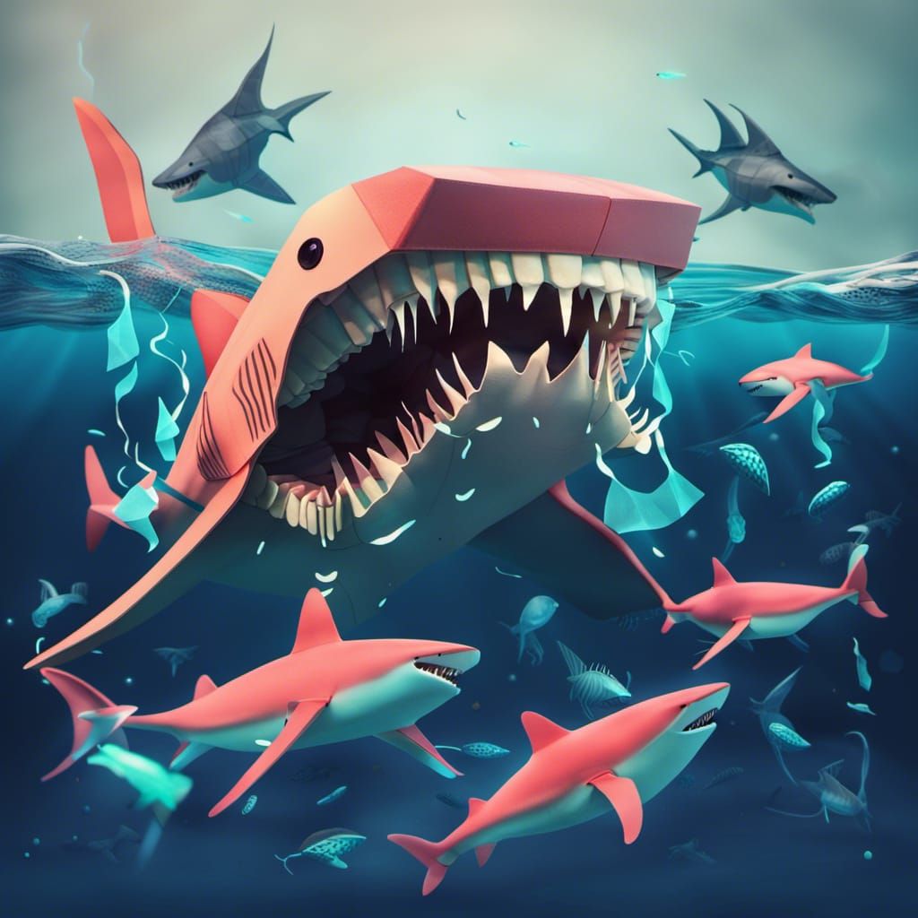 Bioluminescent Jellyfish and Origami Shark in Ocean