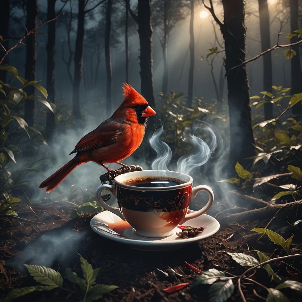 Surreal Forest Scene: Glowing Cardinal and Coffee in Moonlit...
