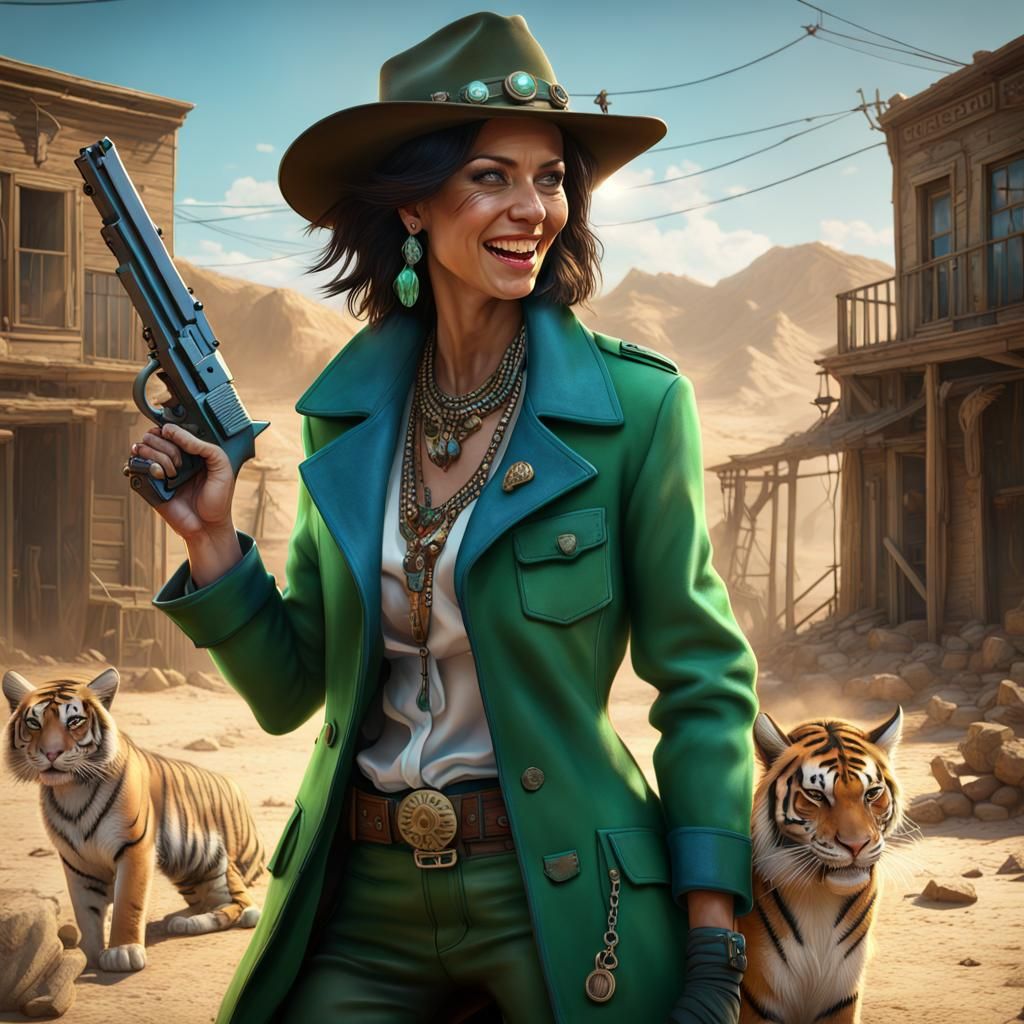 Desert Outlaw Laughing with Tiger, Detailed Matte Painting