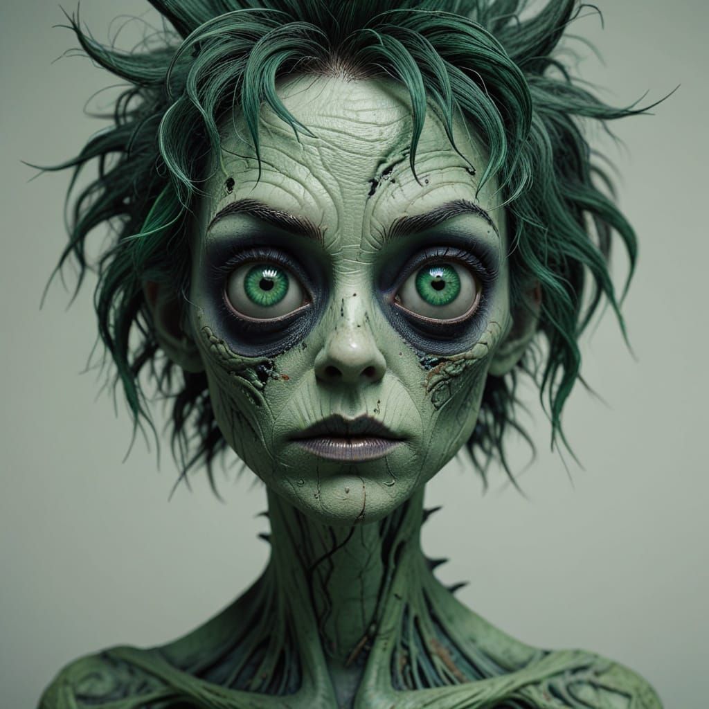 Cartoon Zombie with Emerald Skin in Dark Fantasy Style
