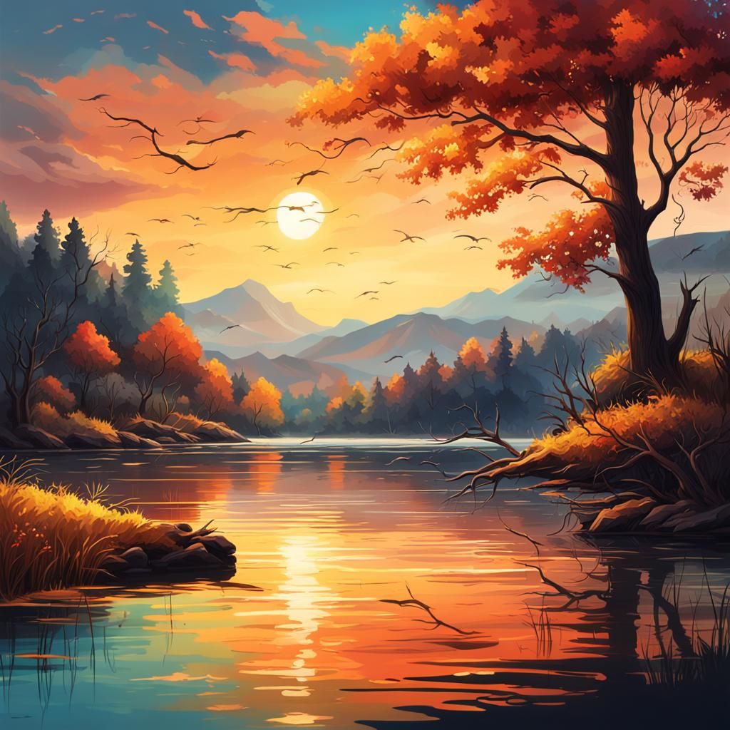 Autumn Lake at Dusk in Hyperrealistic Style